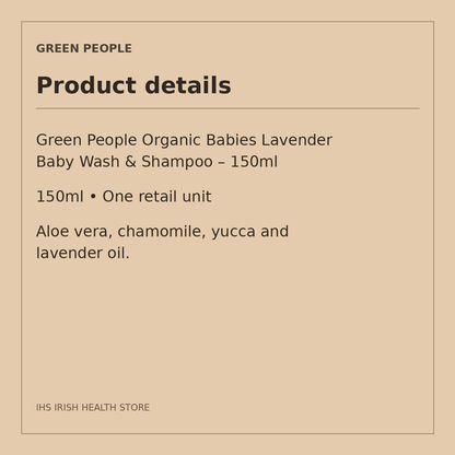 Green People Organic Babies Lavender Baby Wash & Shampoo – 150ml: product details on a beige information card