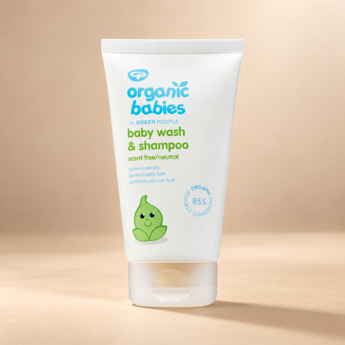 Green People Organic Babies Scent Free Baby Wash & Shampoo – 150ml shown on the approved warm beige background