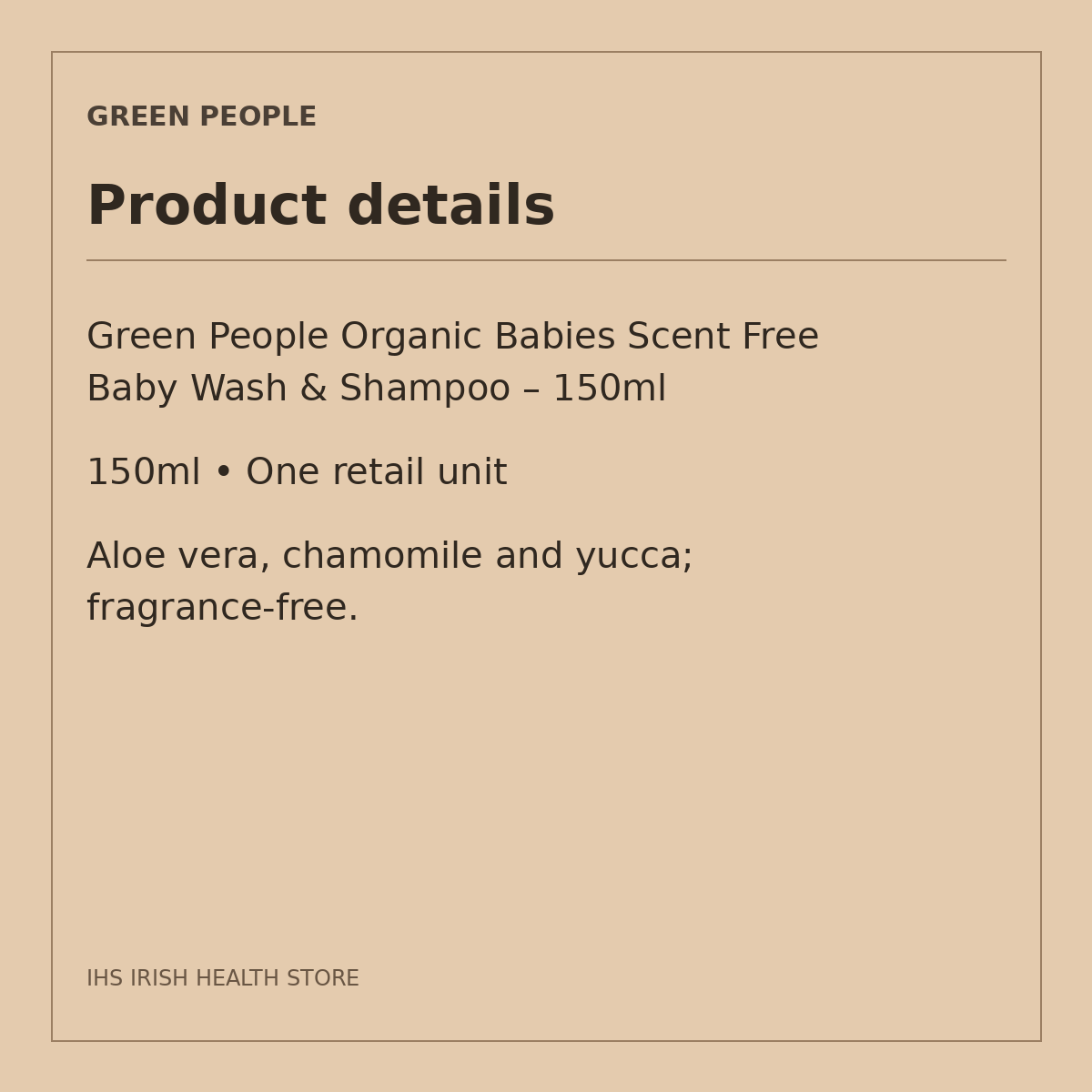 Green People Organic Babies Scent Free Baby Wash & Shampoo – 150ml: product details on a beige information card
