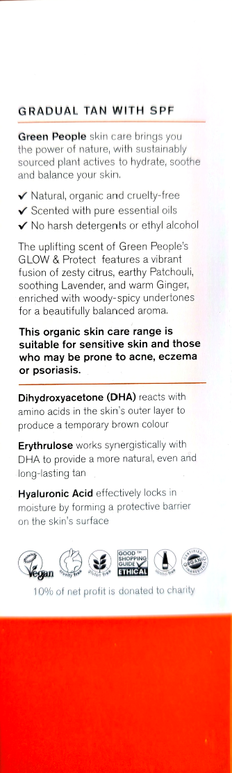A text-heavy product information panel for Gradual Tan with SPF, featuring green headline text, bullet points, and a small inset photo of a person wearing a tan body scrub on a white background.