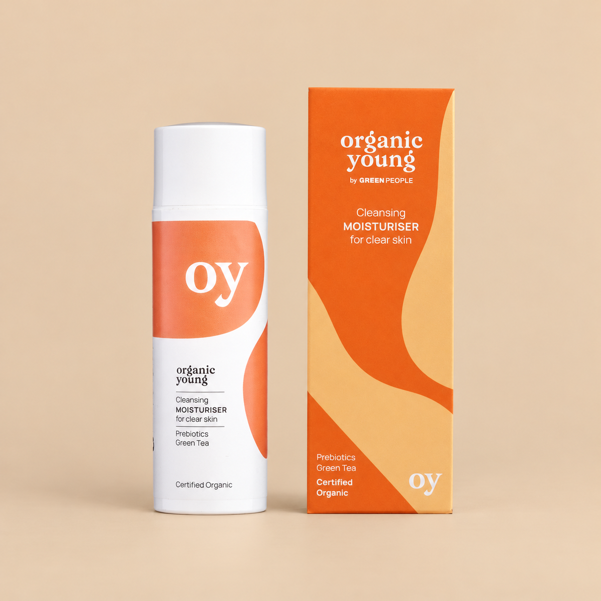 Green People Oy Clear Skin Cleansing Moisturiser – Prebiotics & Green Tea, 50ml in original packaging on a warm beige background