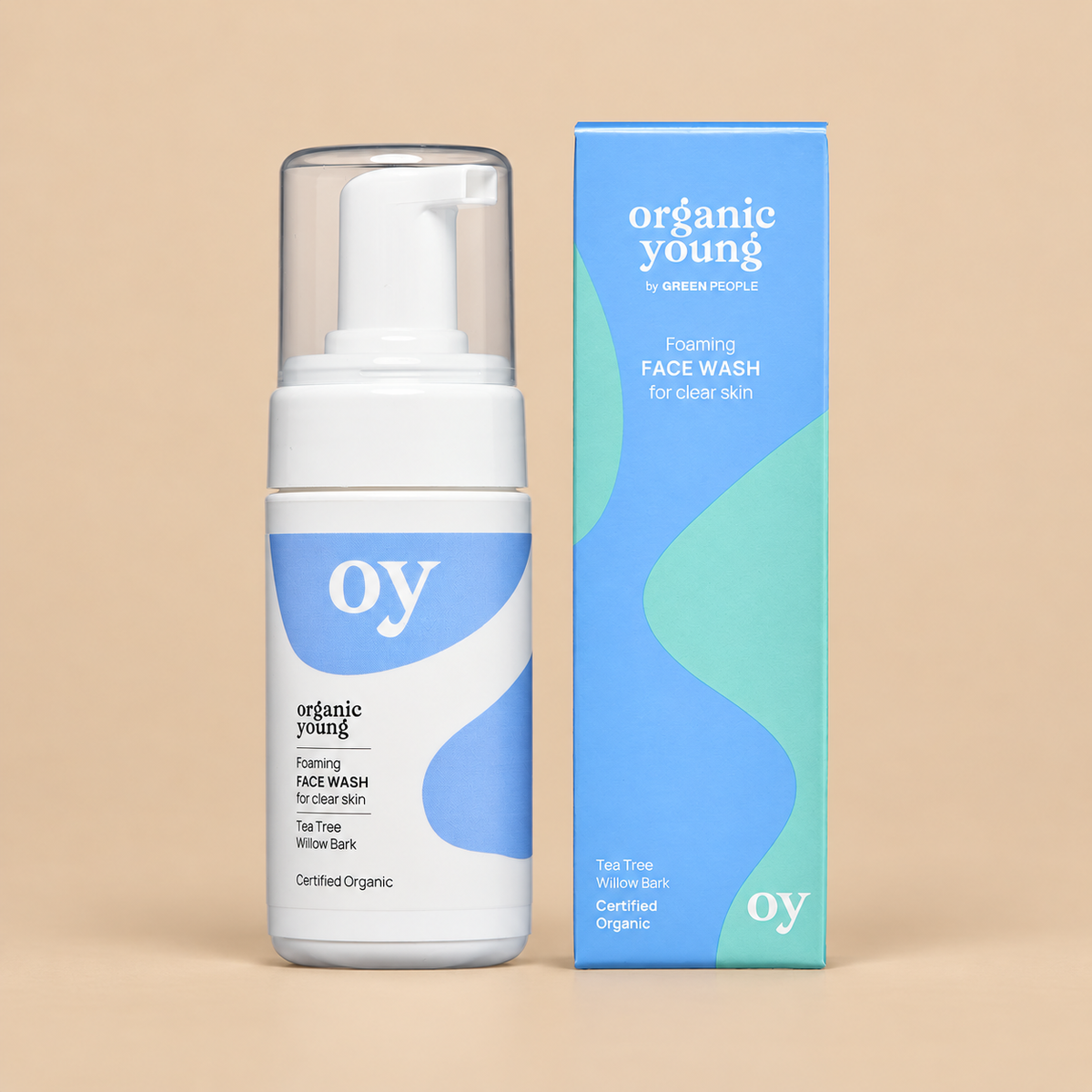 Green People Oy Clear Skin Foaming Face Wash – Willow Bark & Tea Tree, 100ml in original packaging on a warm beige background