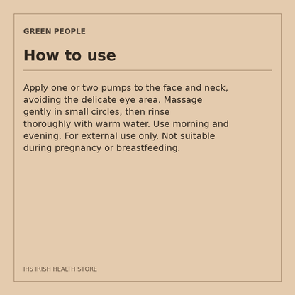 Green People Oy Clear Skin Foaming Face Wash – Willow Bark & Tea Tree, 100ml: how to use on a beige information card