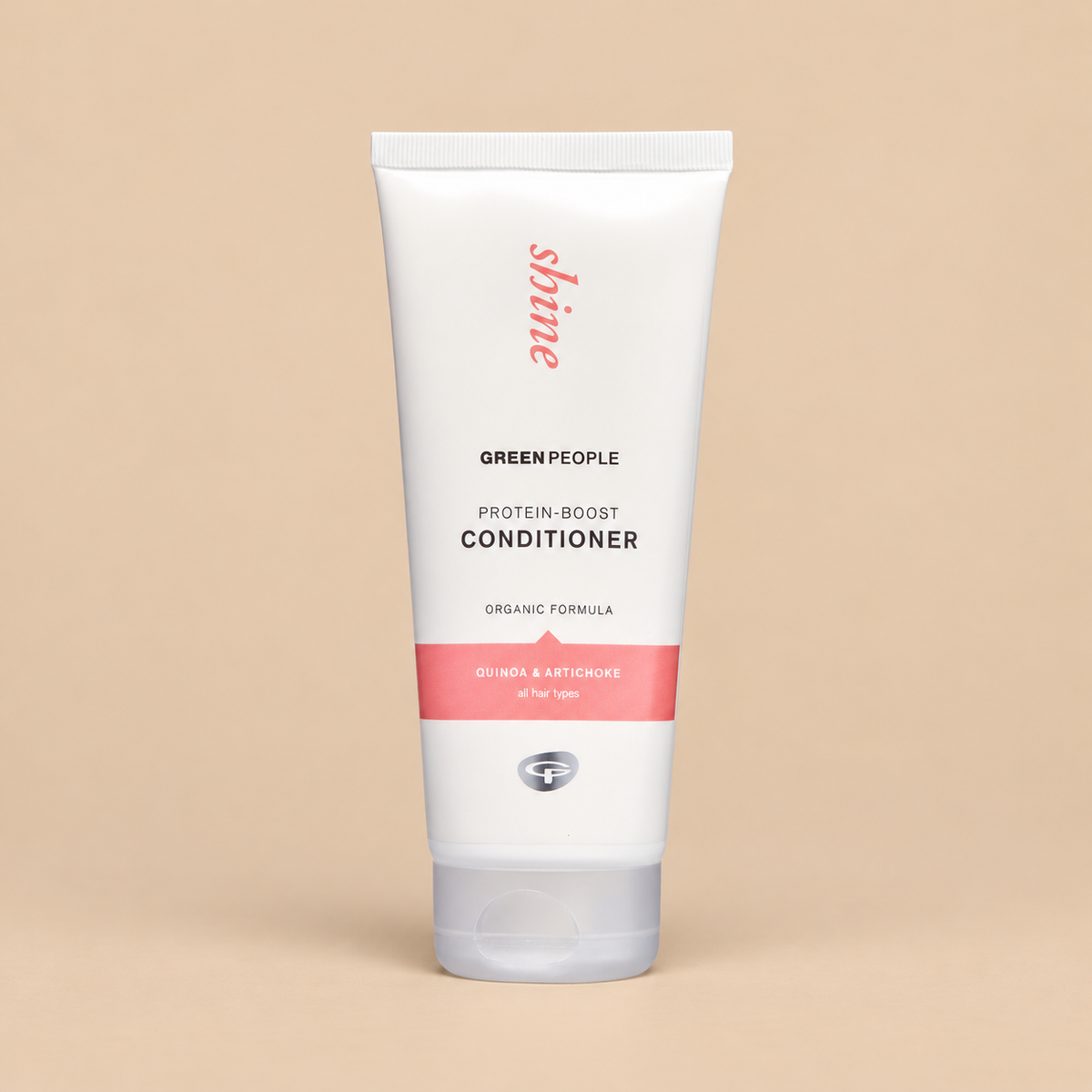 Green People Protein-Boost Conditioner – Quinoa & Artichoke, 200ml in original packaging on a warm beige background