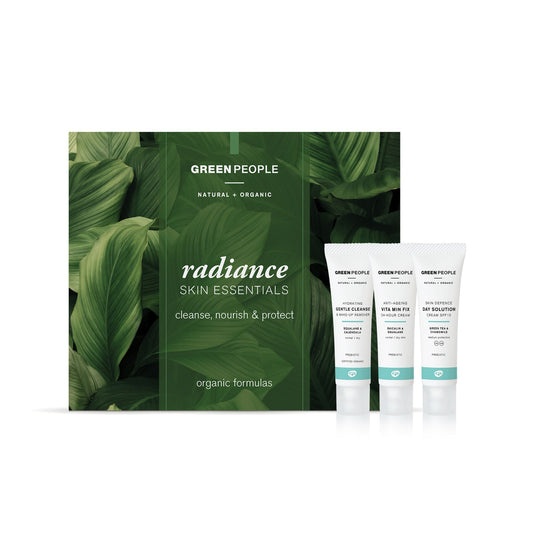 Green People Radiance Skin Essentials 3x30ml set, including cleanser, moisturizer, and SPF protection.