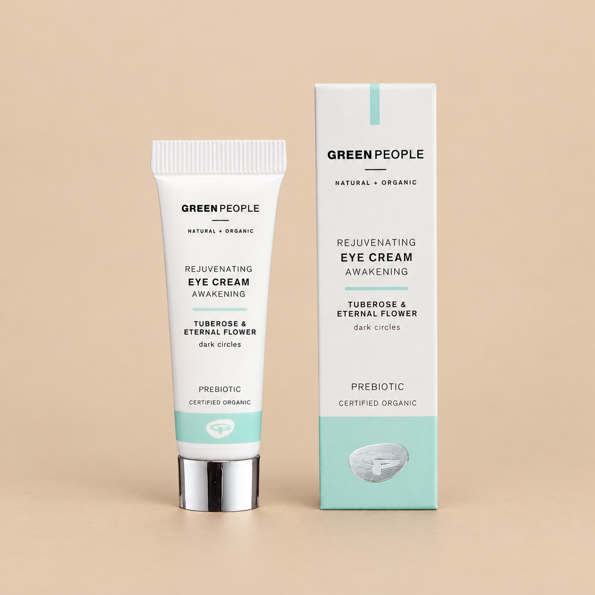 Green People Rejuvenating Eye Cream – Tuberose & Eternal Flower, 10ml in original packaging on a warm beige background