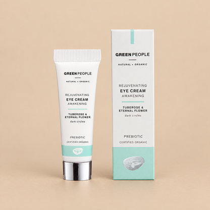 Green People Rejuvenating Eye Cream – Tuberose & Eternal Flower, 10ml in original packaging on a warm beige background