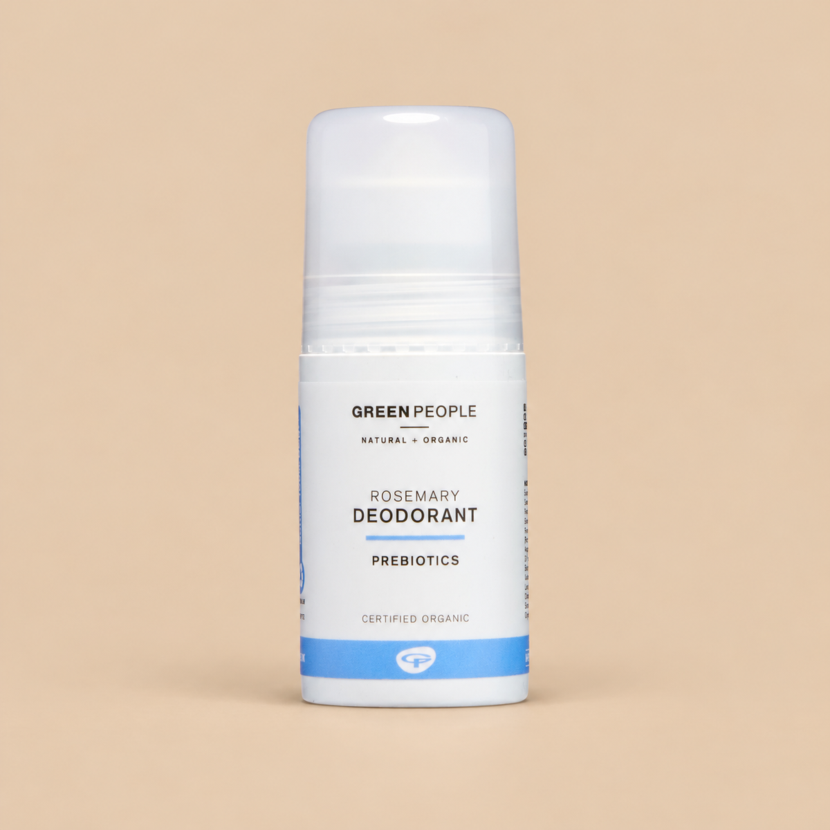 Green People Rosemary & Prebiotics Deodorant – Roll-On, 75ml in original packaging on a warm beige background