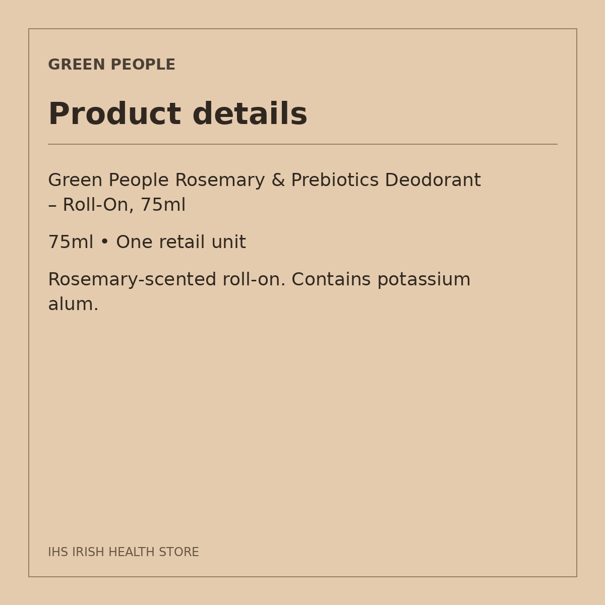 Green People Rosemary & Prebiotics Deodorant – Roll-On, 75ml: product details on a beige information card