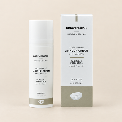 Green People Scent Free 24-Hour Cream – Baicalin & Prebiotics, 50ml in original packaging on a warm beige background