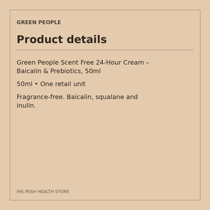 Green People Scent Free 24-Hour Cream – Baicalin & Prebiotics, 50ml: product details on a beige information card