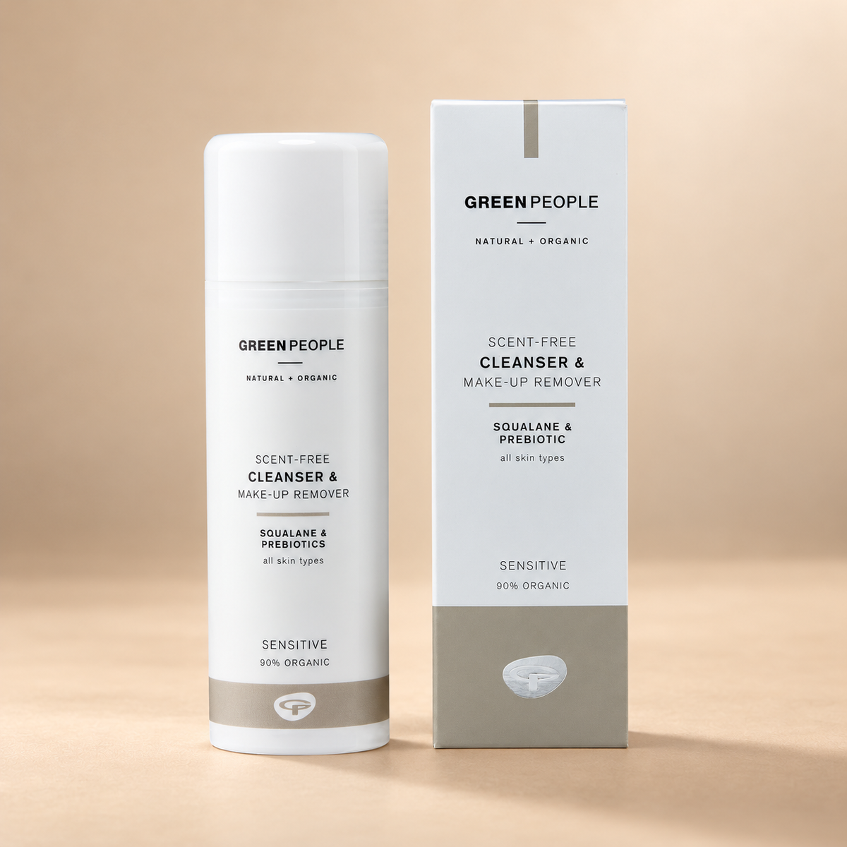 Green People Scent Free Cleanser & Make-Up Remover – Squalane & Prebiotics, 150ml in its original packaging on a warm beige background