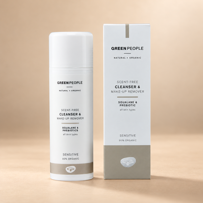 Green People Scent Free Cleanser & Make-Up Remover – Squalane & Prebiotics, 150ml in its original packaging on a warm beige background