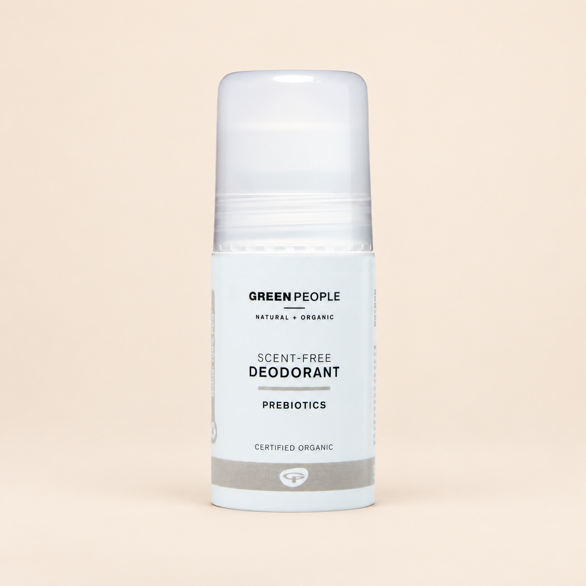 Green People Scent Free Deodorant – Prebiotic Roll-On, 75ml in original packaging on a warm beige background