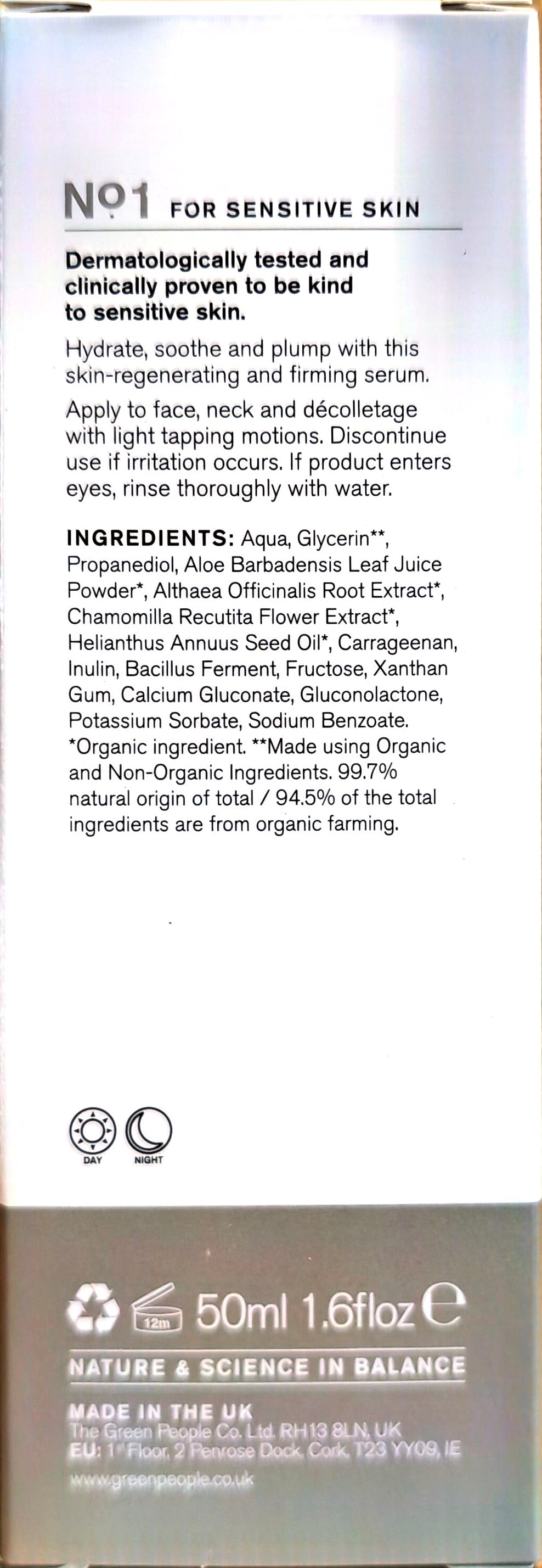 Green People Scent-Free Face and Neck Serum 50ml original ingredients and directions label