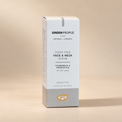 Green People Scent-Free Face and Neck Serum Chamomile and Prebiotics 50ml original carton on a warm beige background