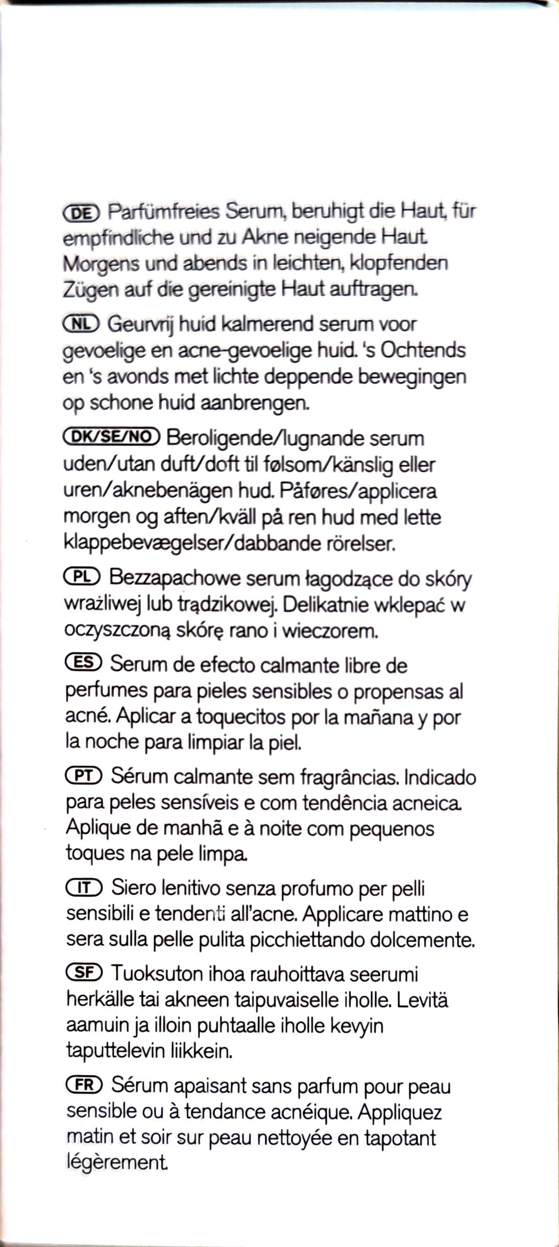 Green People Scent-Free Face and Neck Serum original multilingual directions panel