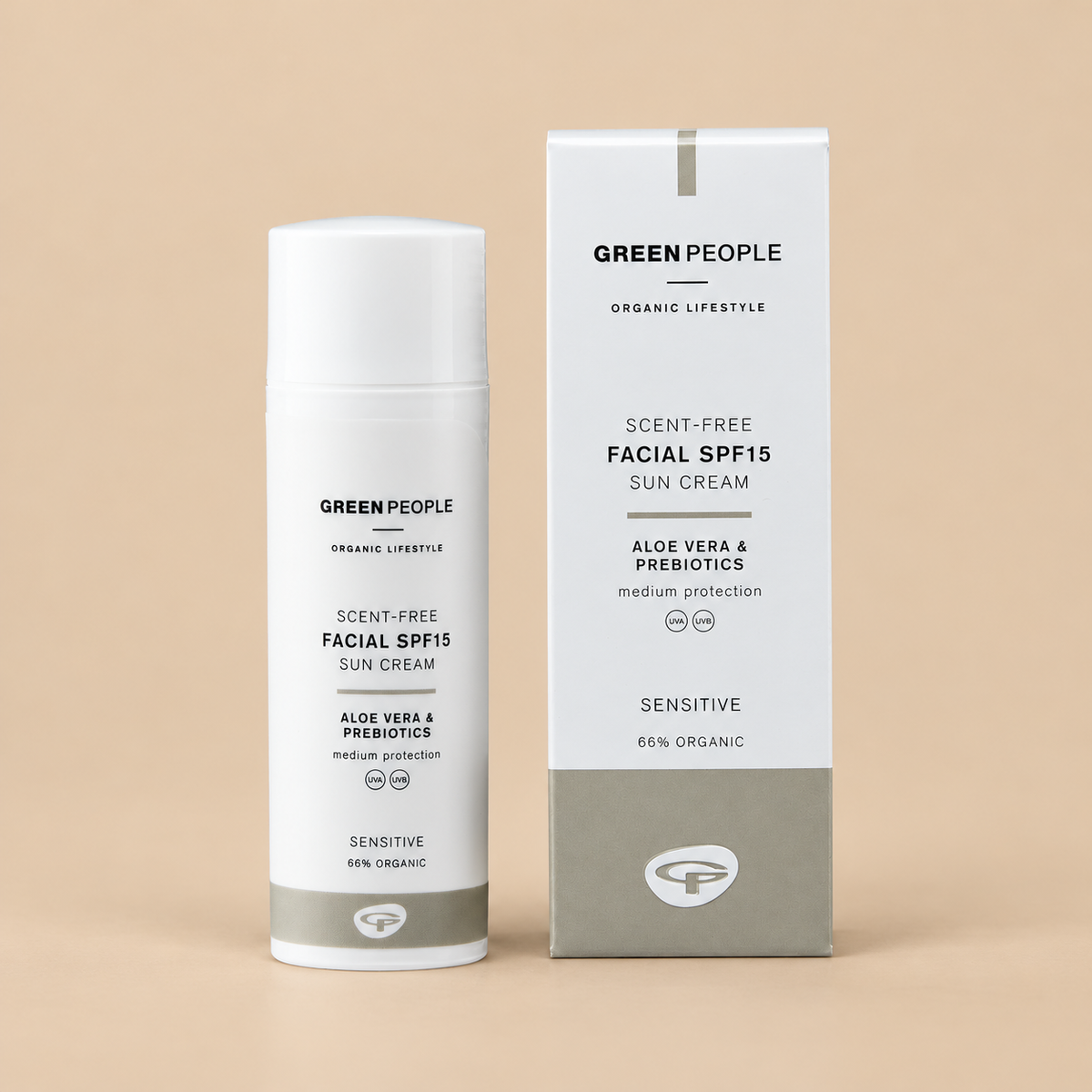 Green People Scent Free Facial SPF15 Sun Cream – Aloe Vera & Prebiotics, 50ml in original packaging on a warm beige background