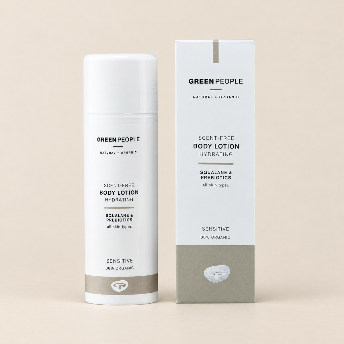 Green People Scent Free Hand & Body Lotion – Squalane & Prebiotics, 150ml in original packaging on a warm beige background
