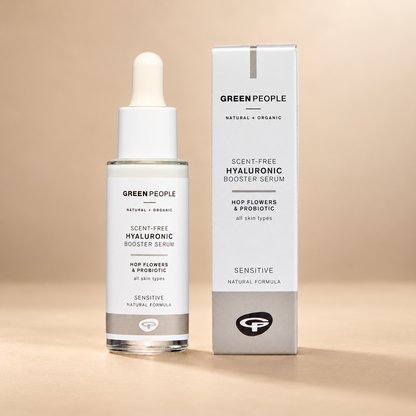 Green People Scent Free Hyaluronic Booster Serum – 28ml in its original packaging on a warm beige background