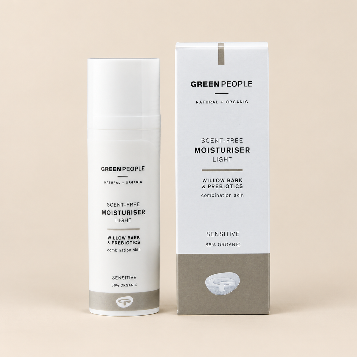Green People Scent Free Light Moisturiser – Willow Bark & Prebiotics, 50ml in original packaging on a warm beige background