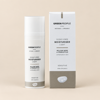 Green People Scent Free Light Moisturiser – Willow Bark & Prebiotics, 50ml in original packaging on a warm beige background