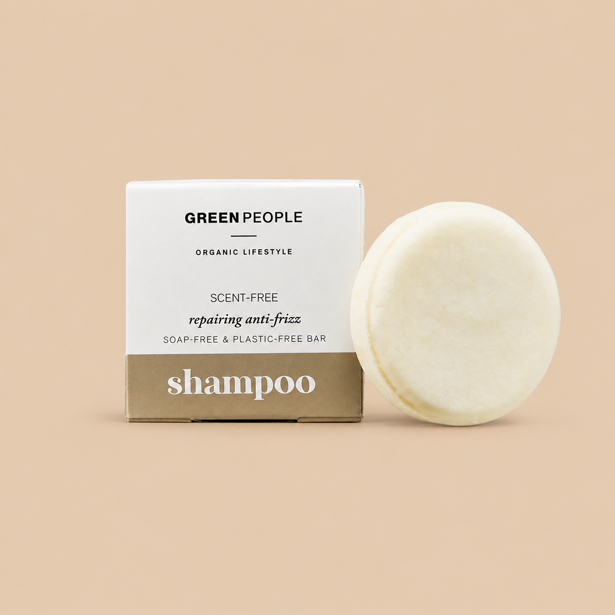 Green People Scent Free Repairing Anti-Frizz Shampoo Bar – Fragrance-Free, 50g — product pack on a warm beige background