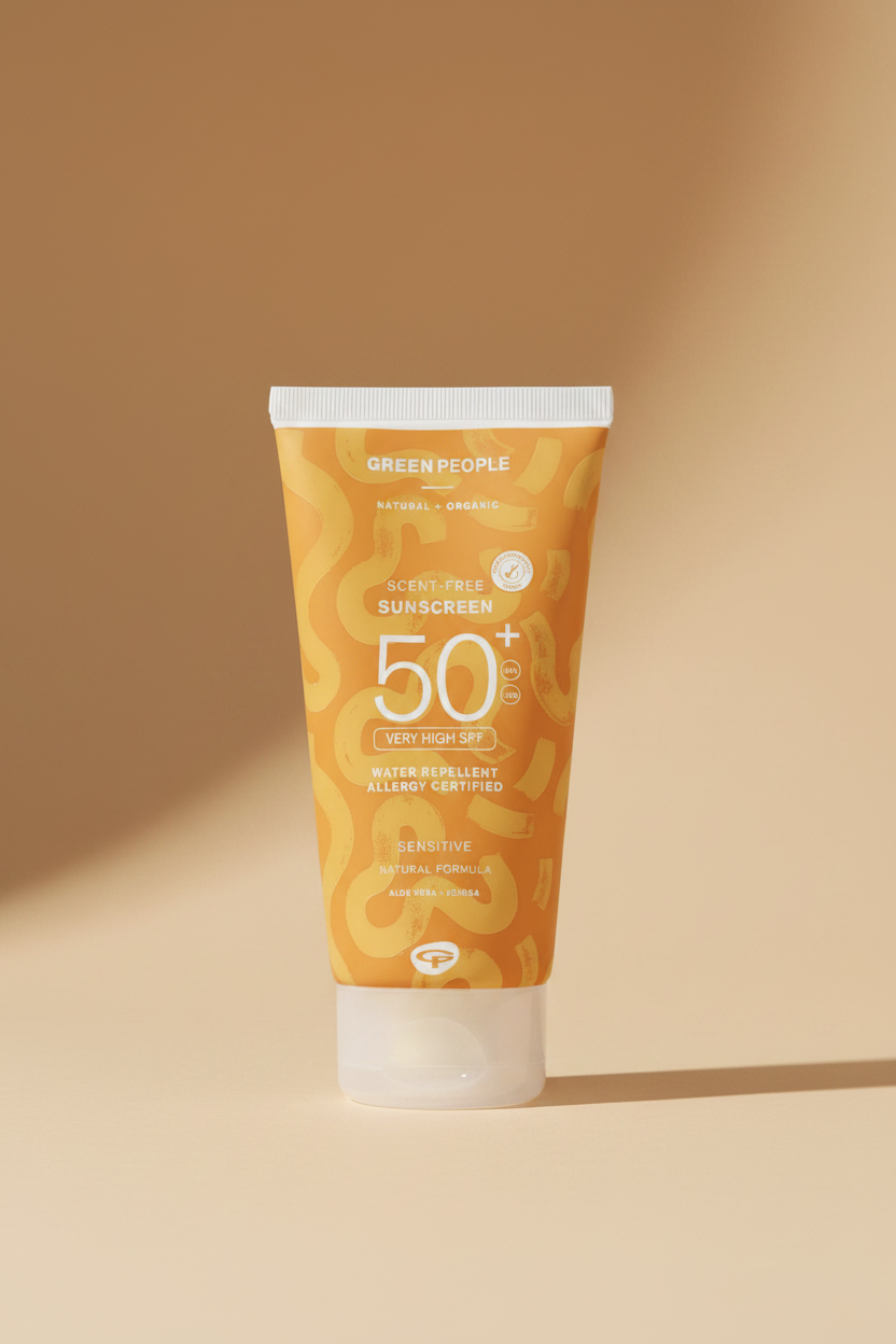 Sunscreen tube with 'Green People' branding on a white background
