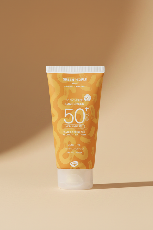 Sunscreen tube with 'Green People' branding on a white background