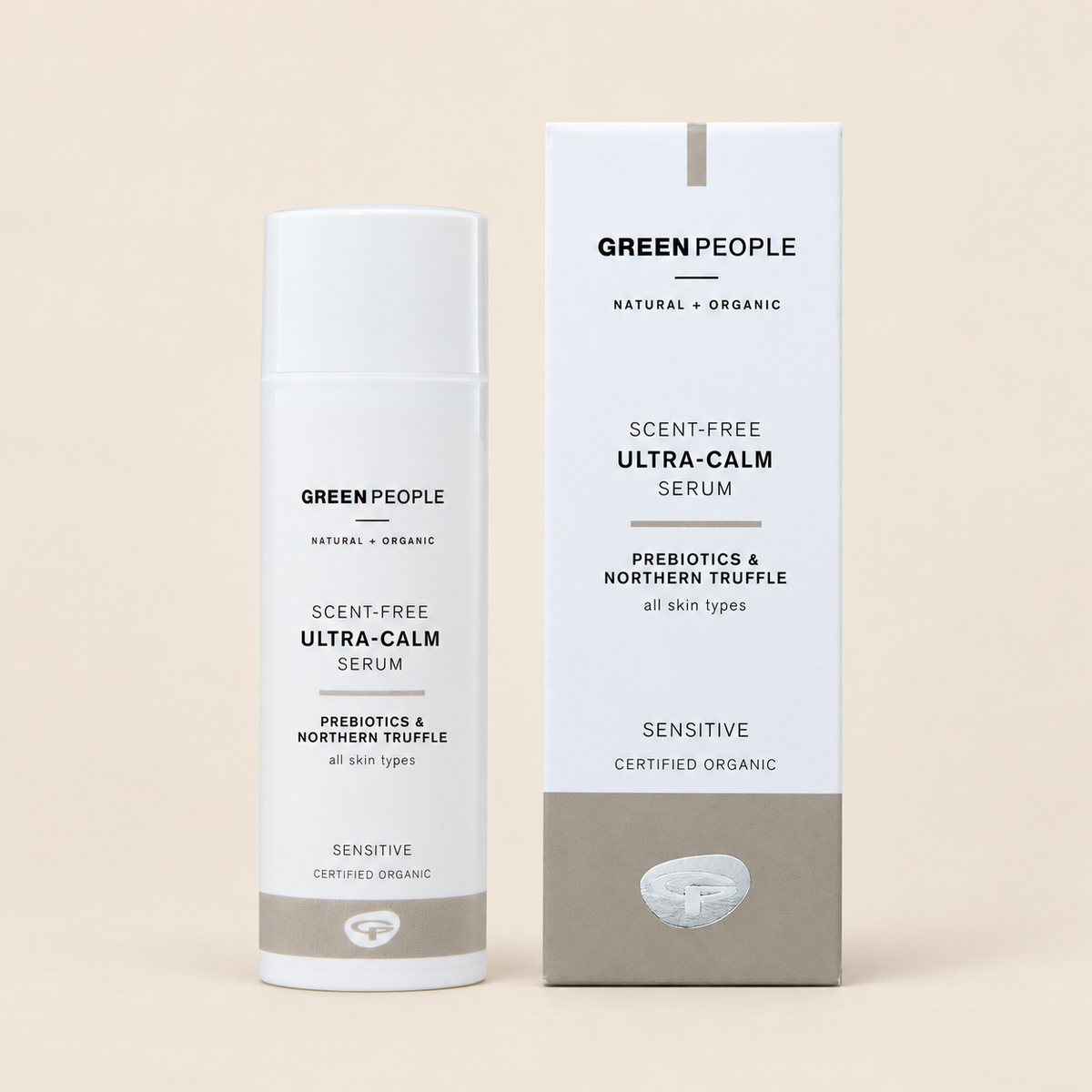 Green People Scent Free Ultra-Calm Serum – Prebiotics & Northern Truffle, 50ml in original packaging on a warm beige background