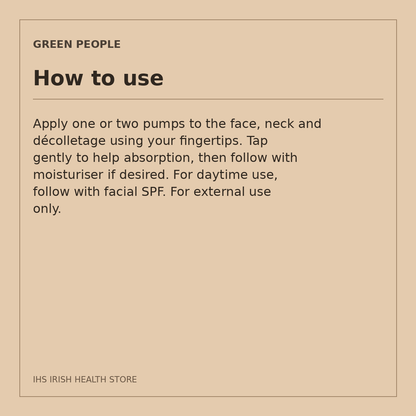 Green People Scent Free Ultra-Calm Serum – Prebiotics & Northern Truffle, 50ml: how to use on a beige information card
