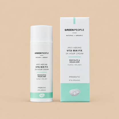 Green People Vita Min Fix 24-Hour Cream – Baicalin & Squalane, 50ml — product pack on a warm beige background