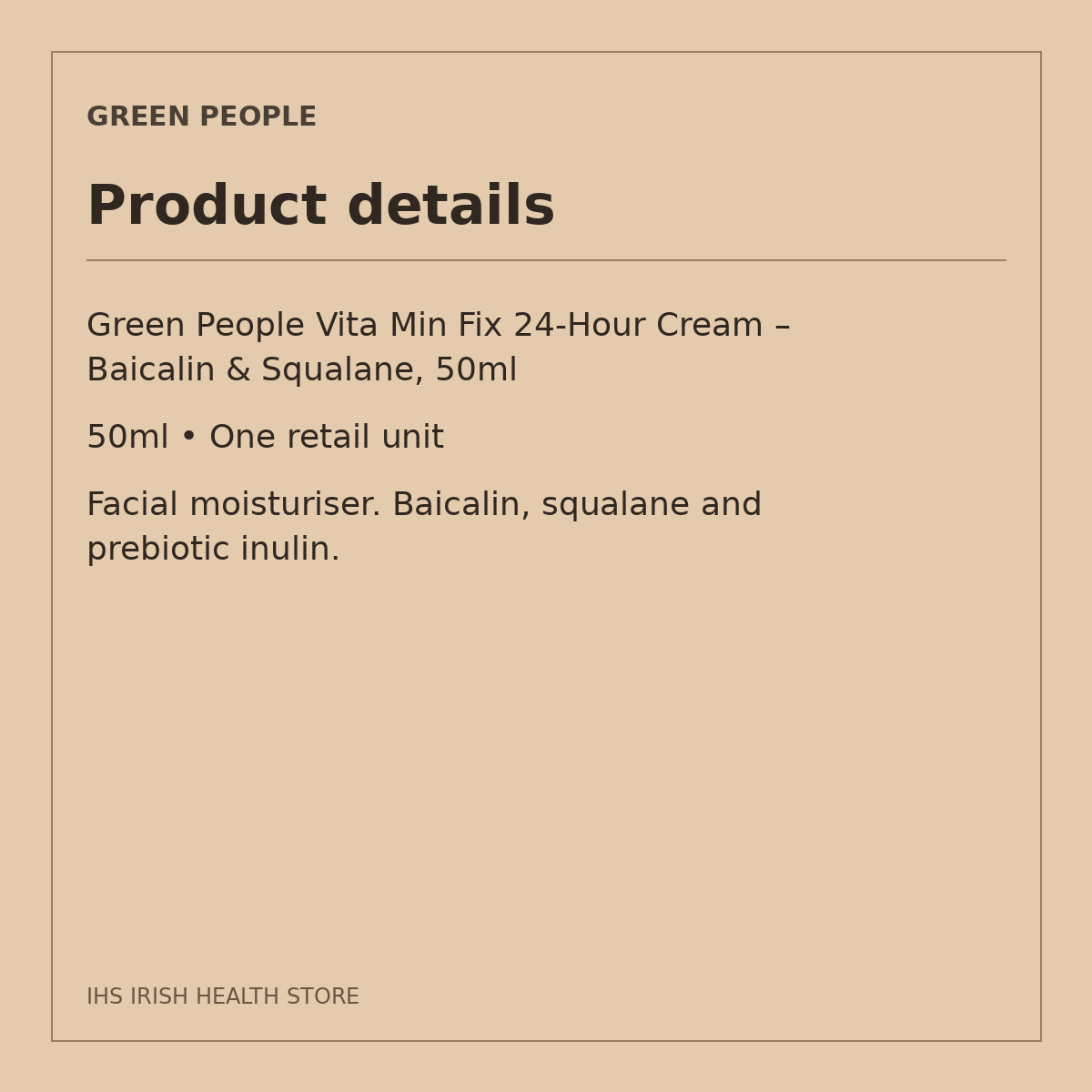 Green People Vita Min Fix 24-Hour Cream – Baicalin & Squalane, 50ml: product details on a beige information card