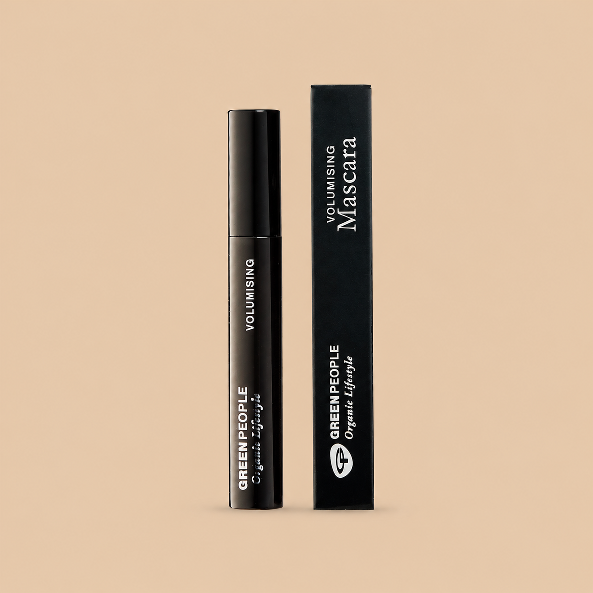 Green People Volumising Mascara – Black, 7ml — product pack on a warm beige background