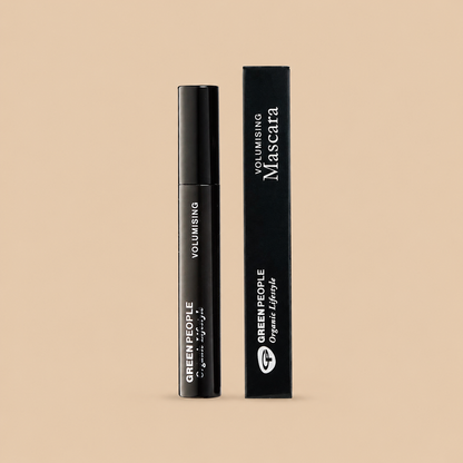 Green People Volumising Mascara – Brown, 7ml — product pack on a warm beige background