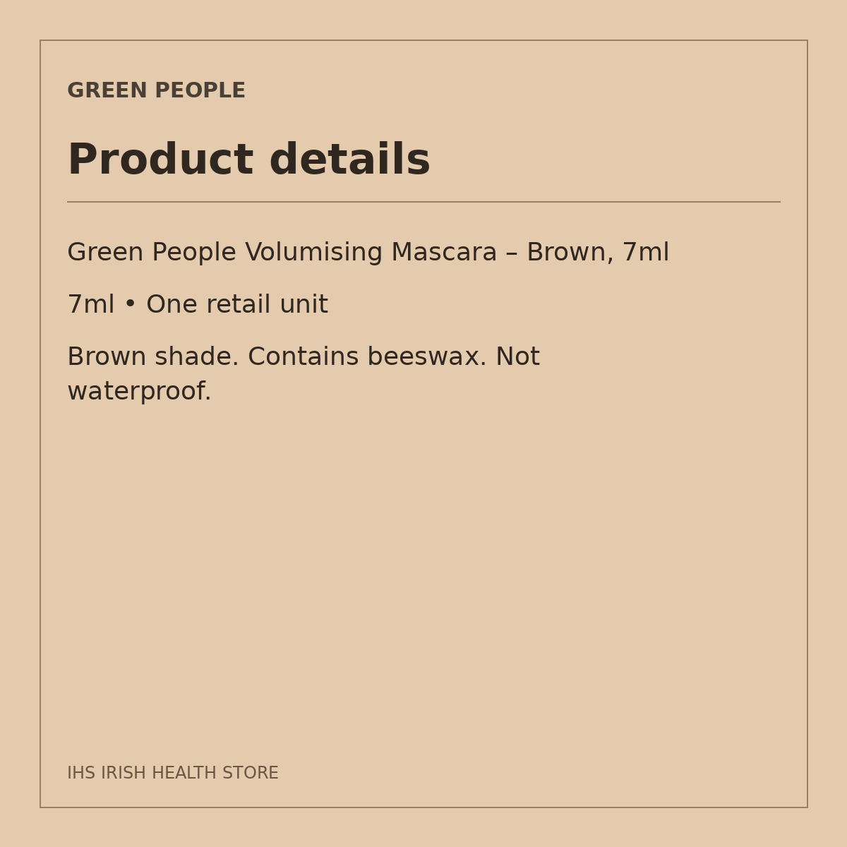 Green People Volumising Mascara – Brown, 7ml: product details on a beige information card