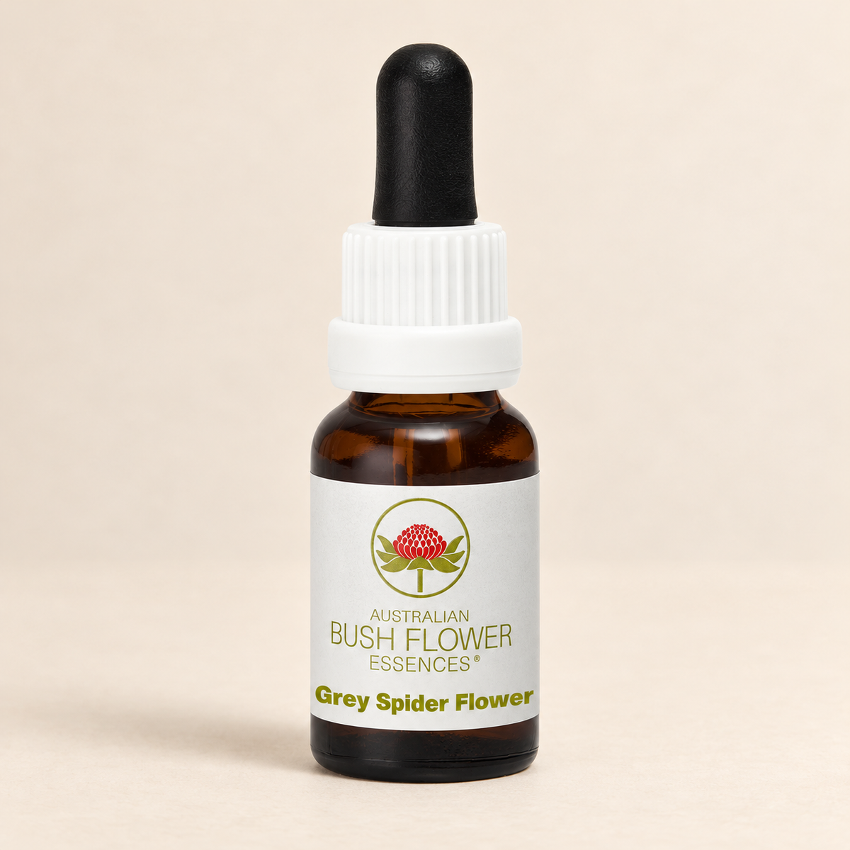 Australian Bush Flower Grey Spider Flower Stock Essence – 15ml bottle on a warm beige background