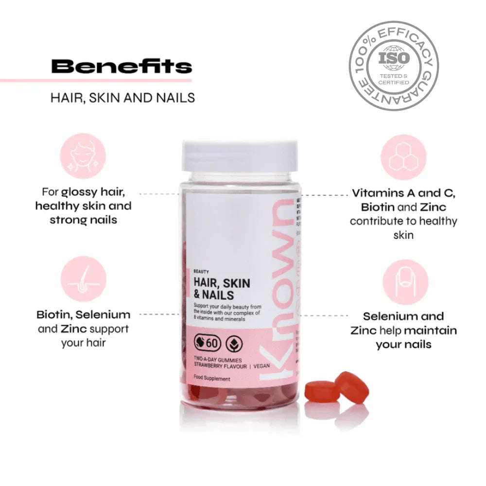  "Known Hair, Skin & Nails Gummies VEGAN bottle highlighting hair growth, skin hydration, and nail 