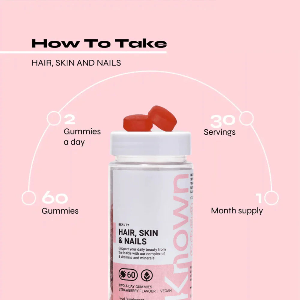 "Diagram showing how to take Known Hair, Skin & Nails Gummies VEGAN, including dosage and daily intake recommendations."