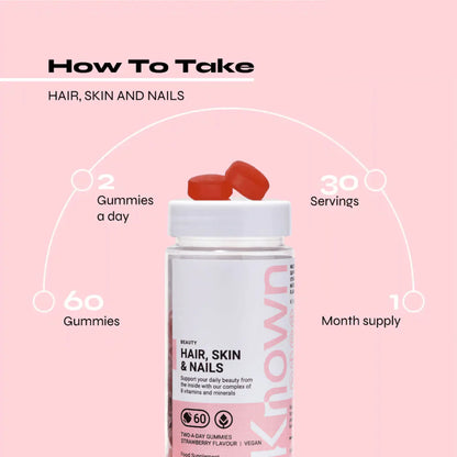 "Diagram showing how to take Known Hair, Skin & Nails Gummies VEGAN, including dosage and daily intake recommendations."
