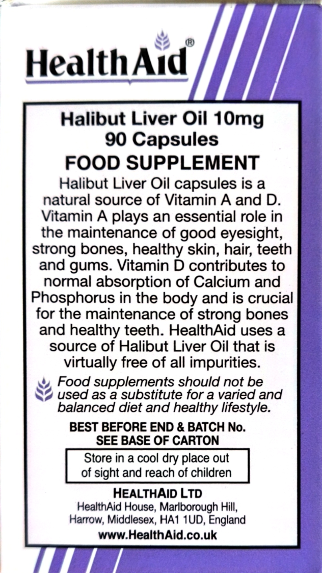 Back of a HealthAid Halibut Liver Oil 10mg food supplement box, showing product information, benefits, storage instructions, and company details on a white background with purple side panels.