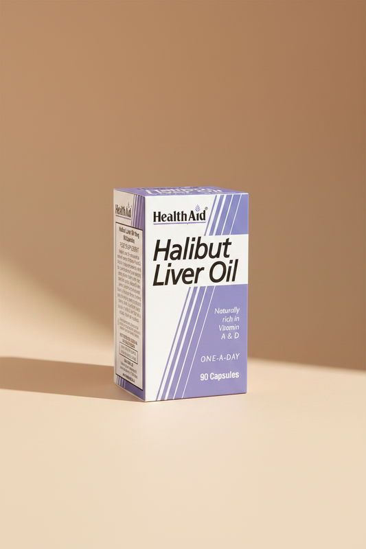 Health Aid Halibut Liver Oil supplement box, 90 capsules, featuring a white and purple packaging design with blue accents.