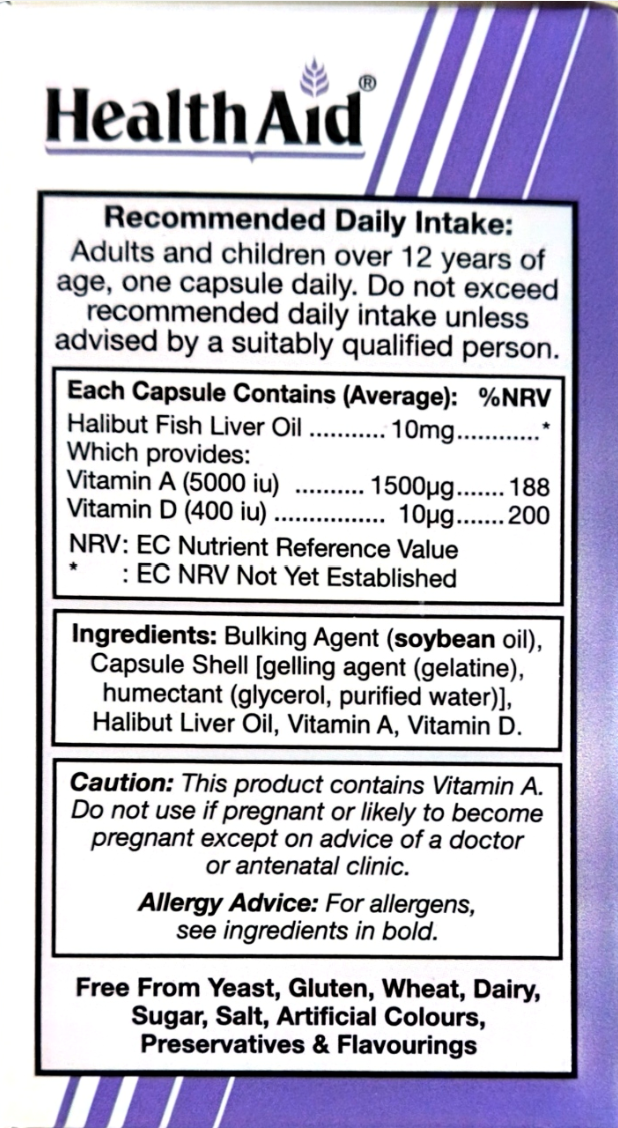 HealthAid Halibut Fish Liver Oil packaging label showing recommended daily intake, nutrients per capsule, ingredients list, and allergy advice on a white background with purple side panels.