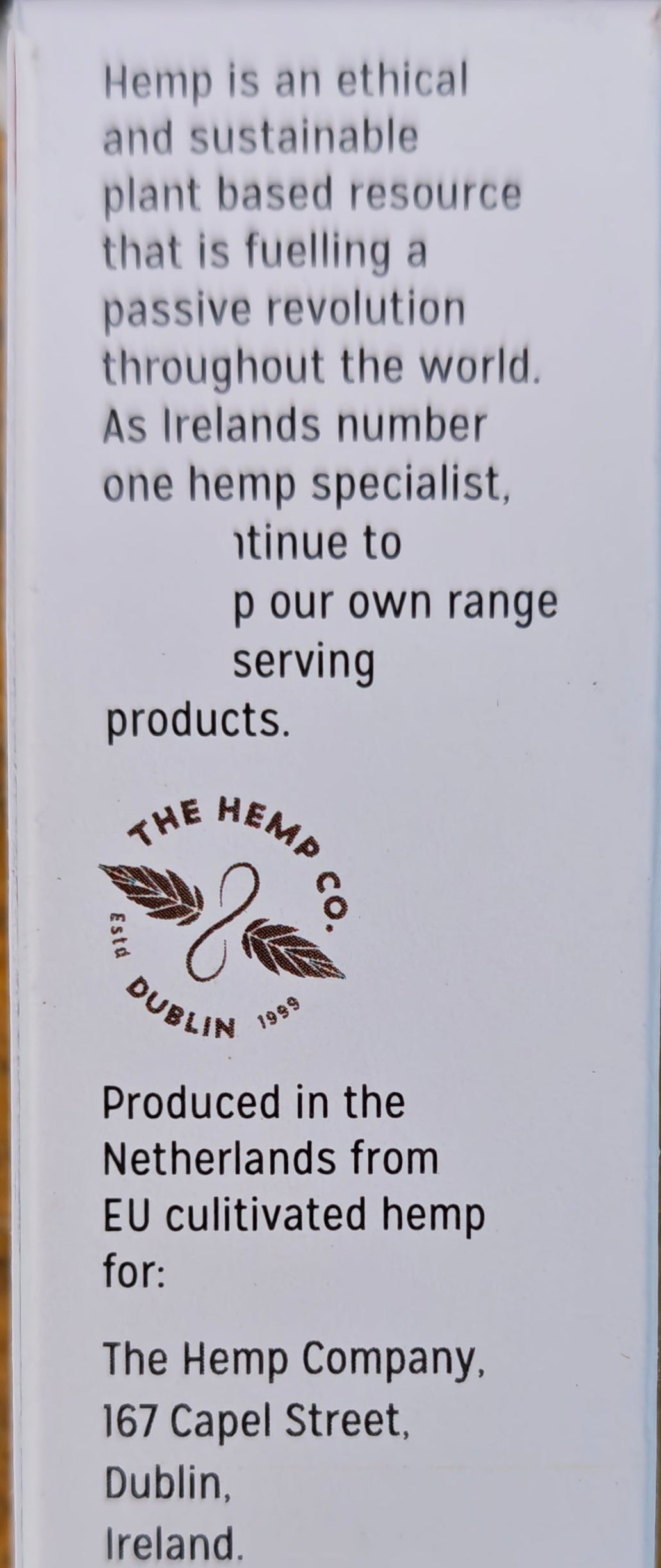 Product label with text on a textured surface