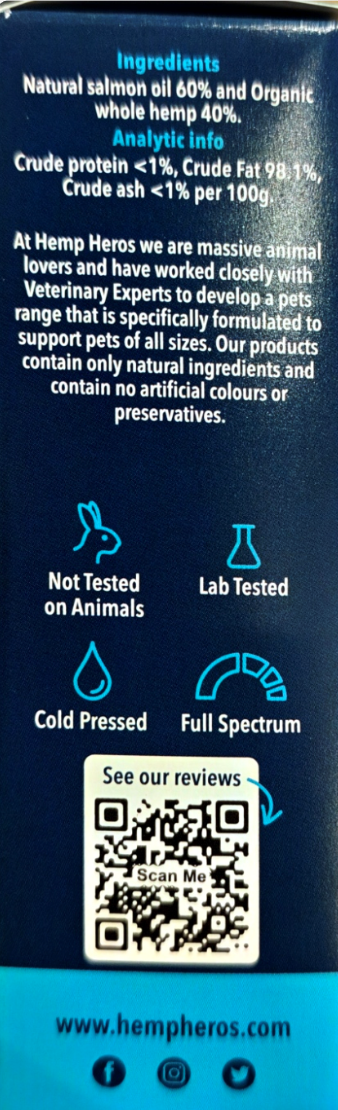 Back side of a pet supplement package showing ingredients, claims icons, a QR code, and the website hempheros.com on a dark blue background.