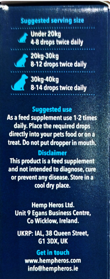 Blue and white informational label showing suggested serving size, usage instructions, and company contact details for Hemp Heros Ltd.