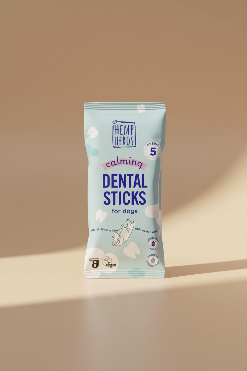 A package of Hemp Heros Calming Dental Sticks for dogs, featuring a light blue bag with white clouds and purple text.