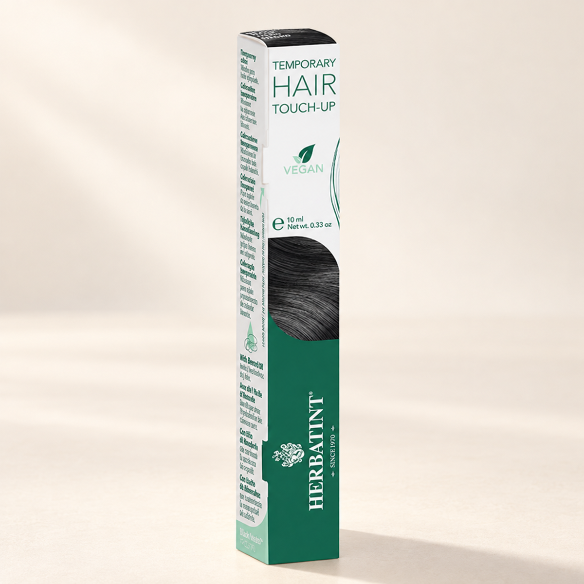 Herbatint Temporary Hair Touch-Up Black 10ml carton on cream studio background, view 1