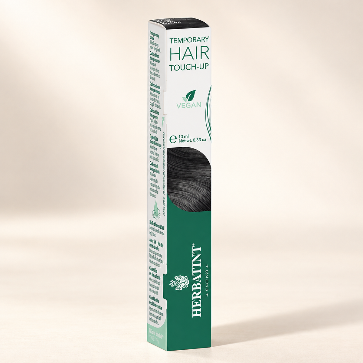 Herbatint Temporary Hair Touch-Up Black 10ml carton on cream studio background, view 2