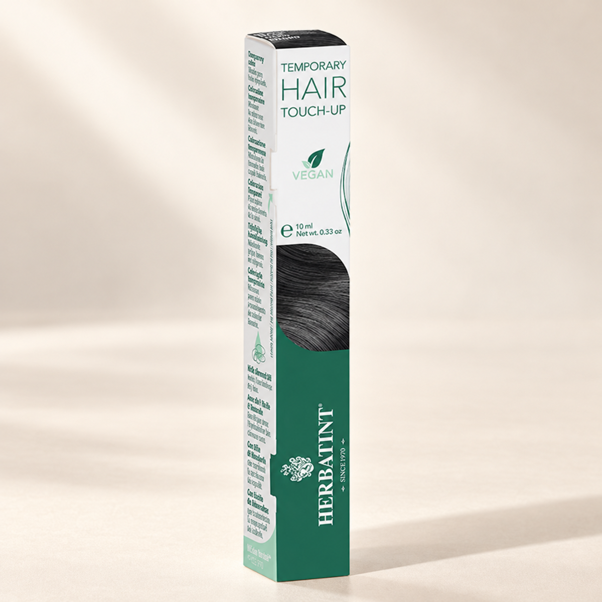 Herbatint Temporary Hair Touch-Up Black 10ml carton on cream studio background, view 3